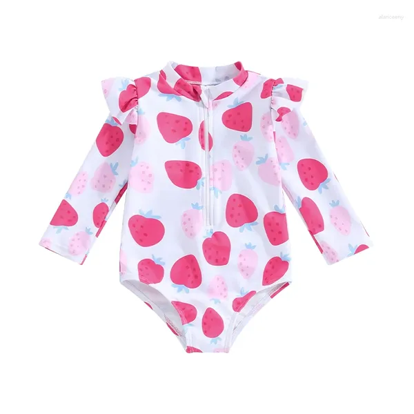 Ensembles de vêtements Pudcoco bébé fille maillot de bain à manches longues fraise imprimé fermeture éclair maillots de bain enfant en bas âge été maillot de bain 0-3T