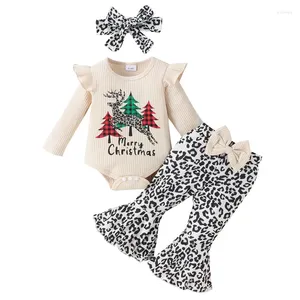 Kledingsets Pudcoco Baby Girls Kerstoutfits Tree Letter Ribbed Rompers Luipaard Flare Pants Hoofdband 3 stks Fall Deset set