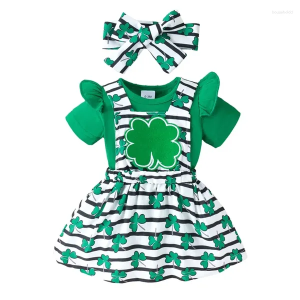 Ensembles de vêtements Pudcoco Born Baby Girl St Patrick S Day Tenues Vêtements Trèfle Imprimer Manches Longues Romper Jupe Bowknot Bandeau Ensemble 0-18M