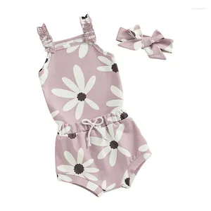 Kledingsets Pudcoco geboren babymeisje zomerkleding wafel gebreide bloemen mouwloze band romper shorts hoofdband baby set 0-24m