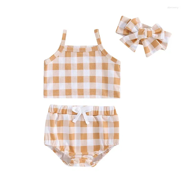 Conjuntos de ropa Pudcoco Born Infant Baby Girl Ropa de verano Acanalado Plaid Sin mangas Crop Cami Bloomer Shorts Diadema Conjunto Traje 3pcs 0-18M