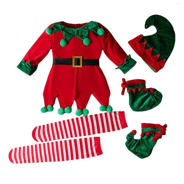 Conjuntos de ropa Pudcoco Disfraz de elfo de Navidad para niñas Deluxe Vestido de cinturón de manga larga Medias Botas Sombrero Conjunto Trajes de cosplay