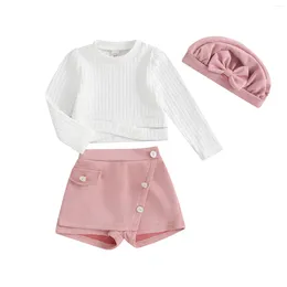 Ensembles de vêtements Pudcoco Girls Shorts Tenues Casual Manches longues Chemise à col rond et bouton Chapeau Ensemble 3 pièces Vêtements pour la fête 6M-5T