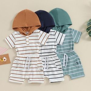 Ensembles de vêtements Pudcoco Infant Baby Boy Vêtements d'été Stripe Print T-shirt à capuche à manches courtes avec short à taille élastique 2pcs Outfit 0-3T