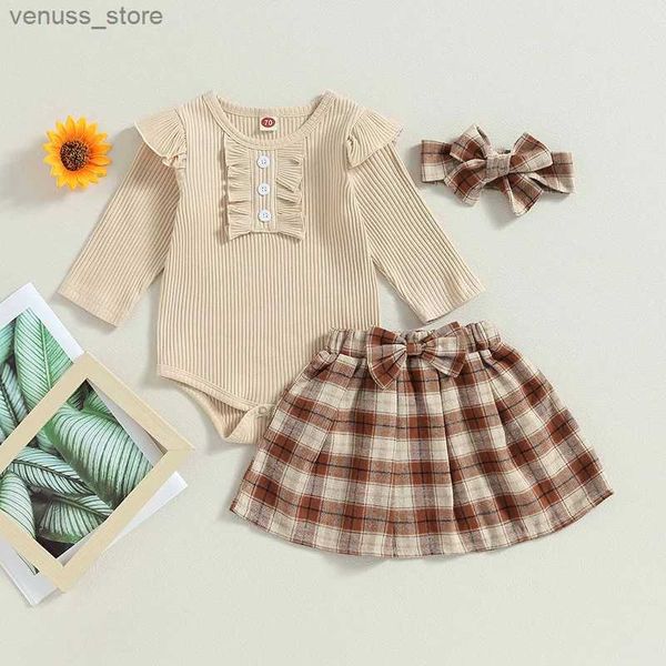 Conjuntos de ropa Pudcoco Infant Baby Girl Soporte de montado de otoño Color sólido Rushled Manga larga + falda a cuadros A-línea + diedia de arco 0-24m