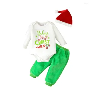 Kledingsets Pudcoco Infant Born Baby Boy Girl Kerstmis 3 stcs Letter met lange mouwen Romper Green Plush Pants Santa Hat 0-12m