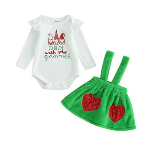 Kledingsets Pudcoco Infant Born Baby Girl Christmas Jumpsuit Set Gnome Letter Print Lange Mouw Romper Suspender Rok 0-24m