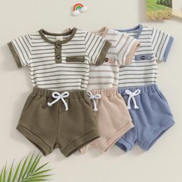 Ensemble de vêtements Pudcoco Enfant pour enfant en bas âge Tourneaux Round Cou Rond à manches courtes Bouton à rayures Boutons élastiques Elastic Shorts 2pcs Waffle Treen Set