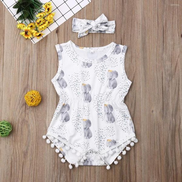 Ensembles de vêtements Pudcoco Été Né Bébé Fille Vêtements Mignon Éléphant Imprimer Sans Manches Glands Barboteuse Bandeau 2 pièces Tenues Coton Sunsuit