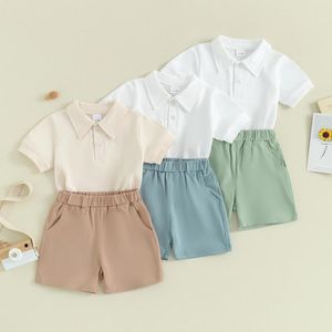 Ensembles de vêtements Pudcoco enfant bébé garçon vêtements d'été à manches courtes bouton de revers t-shirt avec short de poche à taille élastique 2pcs tenue 6M-4T