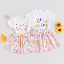 Kledingsets Pudcoco Toddler Girl Sister Matching Outfit Letter Print Crew Neck Hort Sleeve T-Shirts Tops Flower Rheirts 2pcs Deset set