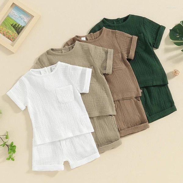 Ensembles de vêtements Pudcoco Enfant Enfants Bébé Garçons Short D'été À Manches Courtes Col Rond Bouton Hauts Couleur Unie 6M-4T