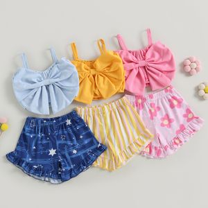 Conjuntos de ropa Pudcoco Toddler Kids Baby Girl 2 piezas Trajes de verano Sin mangas Bow Front Cami Tank Tops Ruffle Shorts Set Ropa 1 6T 230630