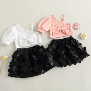 Ensembles de vêtements Pudcoco enfant en bas âge enfants bébé filles tenue d'été à manches courtes une épaule arc hauts jupe papillon 3D 4-7T