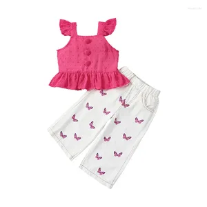 Ensembles de vêtements Pudcoco Enfant Enfants Bébé Filles 2pcs Tenues Manches Volantes Bouton Hauts Et Pantalon Papillon Blanc Vêtements D'été 1-6T