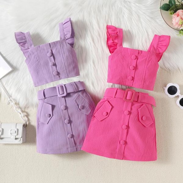 Conjuntos de ropa Pudcoco para niños pequeños, niñas, 2 uds., trajes de verano, camisetas sin mangas con volantes, camisetas con cinturón, conjunto de falda, ropa 18M-6T