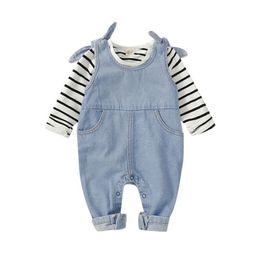 Kledingsets Pudcoco Us Bouillon 0 18m 2pcs Born baby Baby Boy Girl herfstkleding Striped t shirt denim slabib broek overalls 221007