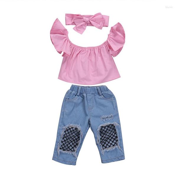 Conjuntos de ropa Pudcoco US Stock 3 uds. Ropa para bebés y niñas, camisetas con hombros descubiertos, pantalones vaqueros, conjunto de trajes vaqueros con agujeros