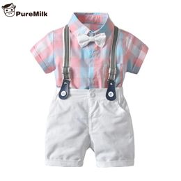 Kledingsets Puremilk zomer geboren kleding shirt met boog gestreepte roze 4 stks babyjongens 230209