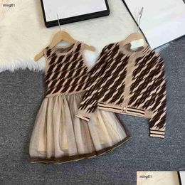 Clothing Sets Resses Suit For Girl Tracksuits Baby Autumn Size 90-160 Cm Letter Fl Printed Button Knitted Cardigan And Vest Dress Drop Dhr8I