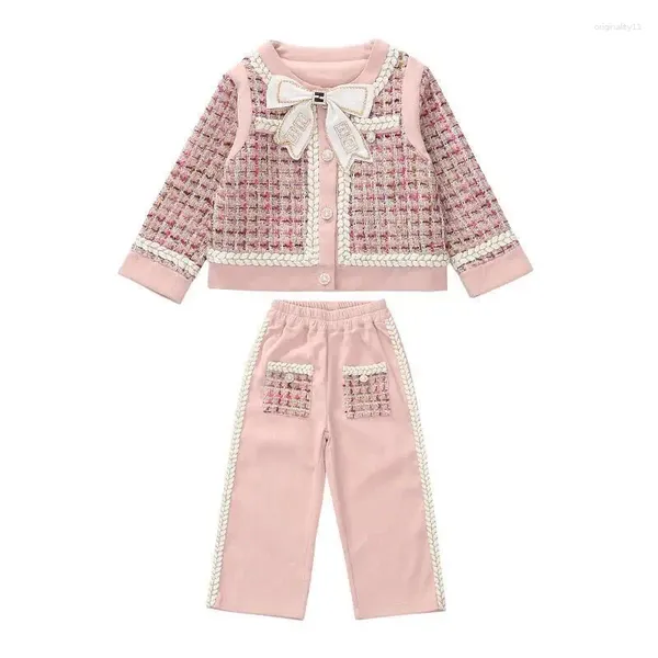 Ensembles de vêtements au détail 2023 Baby Girls Automne Boutique Formelle Lady Top Pantalon Princesse Costumes élégants 2-7T