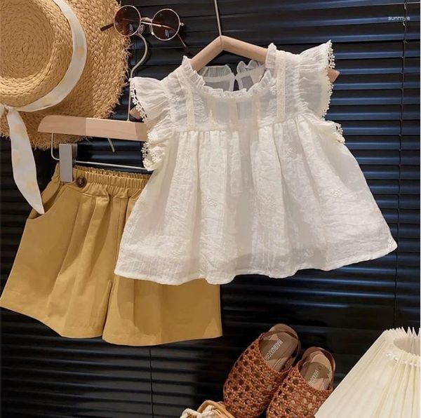 Conjuntos de ropa al por menor 2023 Baby Girls Corea Moda Algodón Blusa blanca Pantalones cortos amarillos Princesa Dulce Trajes 2-7T