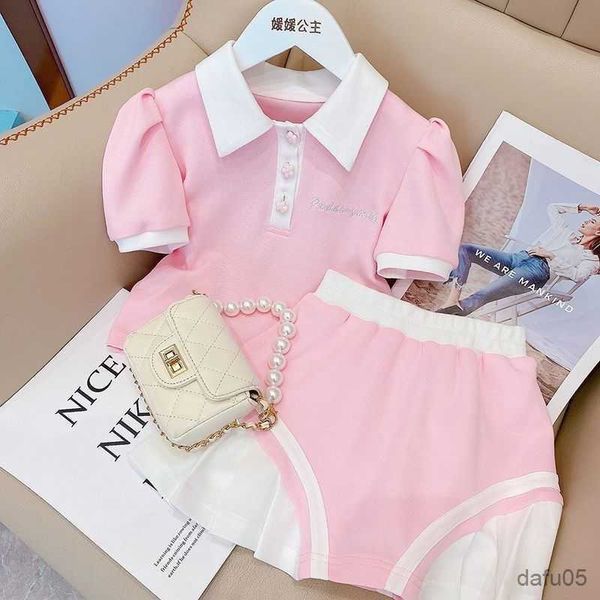 Conjuntos de ropa Retail 2023 Nuevas chicas de bebé Summer Pink Sets Polo Camiseta de moda Suits Girl 2-8 R230815