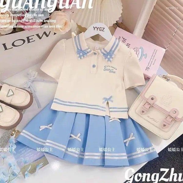Ensembles de vêtements Retail 2024 Bébé Girls Summer Fashion Teenage Bow T-shirt Blue Jirts 5-10T