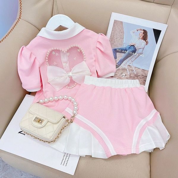 Ensembles de vêtements au détail bébé filles Corée été rose ensembles Polo T-shirt Skrits costumes de mode fille 2-8 T 230422