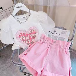 Kleding Sets Retail Baby Meisjes Tiener Korea Zomer Roze Sets T-shirt Shorts Mode Pakken Meisje 4-9 T 230613