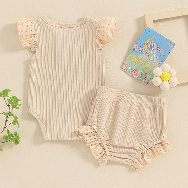 Ensembles de vêtements en tricot côtelé tenue bébé fille barboteuse shorts ensemble manches à volants bouton solide chemise hauts né bloomers