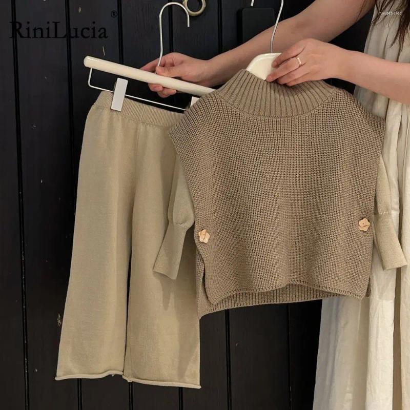 Giyim Setleri Rinilucia Kızlar 2024 Sonbahar Kış Çocuk Giysileri Katı Uzun Kollu Gömlek Örgü Yelek Pantolonu 3 PCS Çocuk