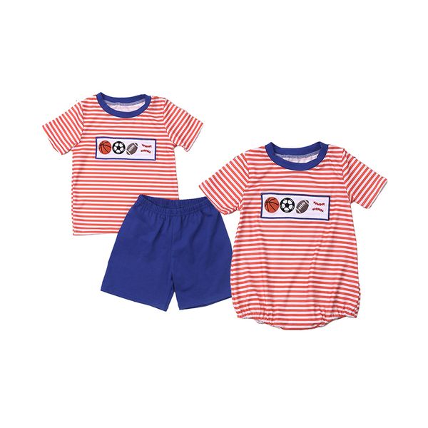 Ensembles de vêtements Ropa bébé coton à manches courtes t-shirt rouge ensemble col rond quatre boules broderie garçon haut vêtements et short bleu costume barboteuse 230830