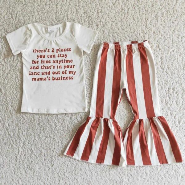 Conjuntos de ropa RTS Baby Girl Slee Camiseta Top Stripe Brown Bell Bottom Pantalones Al por mayor Boutique 2 PCS Lugar