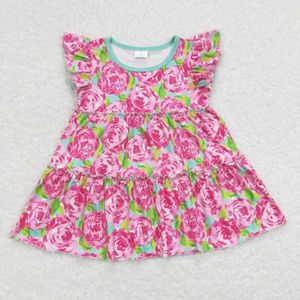 Ensembles de vêtements RTS Baby Girls Gros Flutter Sleeve Fleurs d'eau Tunique à volants Couleur rose foncé Chemises en soie de lait Tops Spring Kid Dress