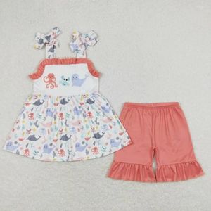 Kleding Sets RTS Baby Girls Groothandel Toddler Banden Tie Octopus Tuniek Tuniek Top Zomer Ruches Shorts Animal Boutique Outfits Kleding