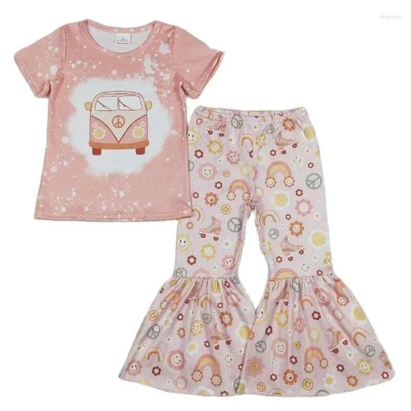 Ensembles de vêtements RTS bébé filles en gros en tout-petit bus rose bus court à manches courtes t-shirts top fleurs pantalon cloche boutique tenues de vacances