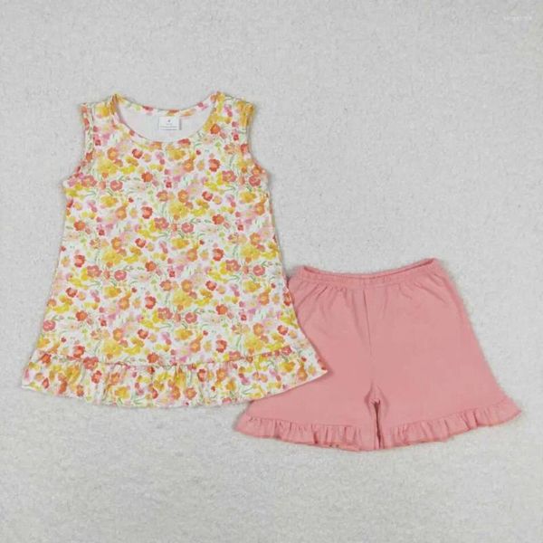 Vêtements Ensembles RTS Bébé filles en gros de tout-petit Summer Orange Flower Flower Ruffes Shorts Boutique Boutique tenues Vêtements pour enfants