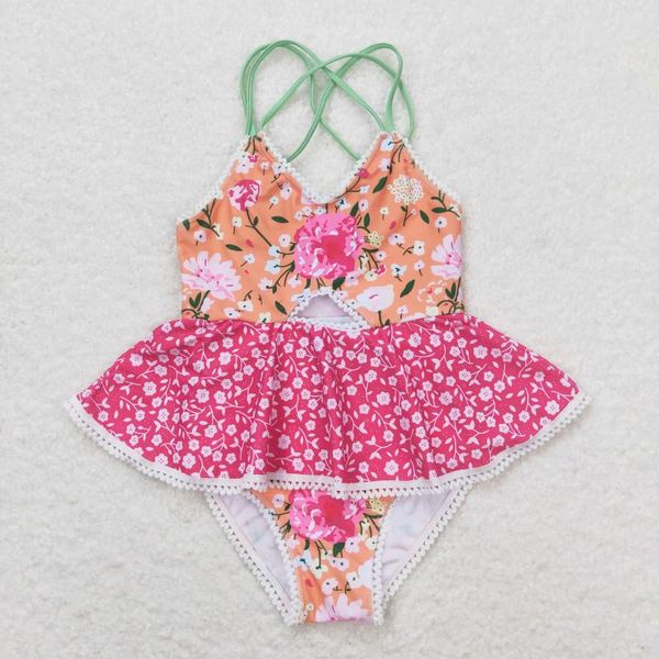 Conjuntos de ropa S0249 Ropa al por mayor para niñas encaje floral de encaje de color rosa y naranja Swimsuit Boutique boutique bebé