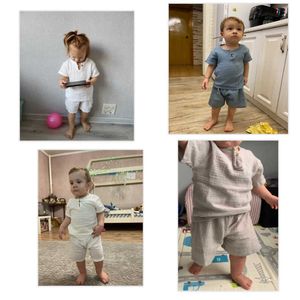 Conjuntos de ropa Venta de ropa para niños, trajes de 2 uds. De lino y algodón para bebés, niños y niñas, Top para recién nacidos, camiseta y pantalones cortos, traje para niños