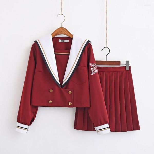 Conjuntos de ropa, uniformes escolares para niñas JK, uniforme de marinero japonés rojo y blanco, clase de Cosplay, trajes con botones de manga larga, diseño