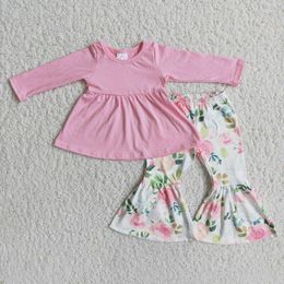 Completi di abbigliamento Vendi Bambini Neonate Boutique Outfit Maniche lunghe Camicia tinta unita rosa Pantaloni a zampa di fiori Abiti alla moda
