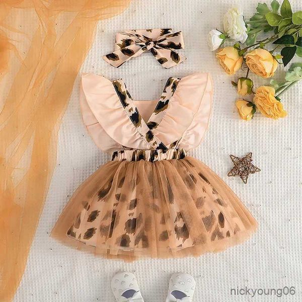 Conjuntos de ropa Conjunto Vestido para niños Recién nacido 6 - 36 meses Estilo Manga mariposa Tul Estampado de leopardo Princesa Vestidos formales Ootd para niña