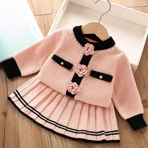 Conjuntos de ropa Conjunto de ropa de invierno para niñas Cárdigan y falda Niños Ropa de punto con cuentas Trajes Uniforme 1-7 años Trajes de suéter cálido para niños