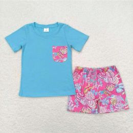 Kledingsets Korte mouwen Blue Top Floral Pink Boys Outfit RTS Kids Baby Design Boutique Groothandel op voorraad No Moq Kid