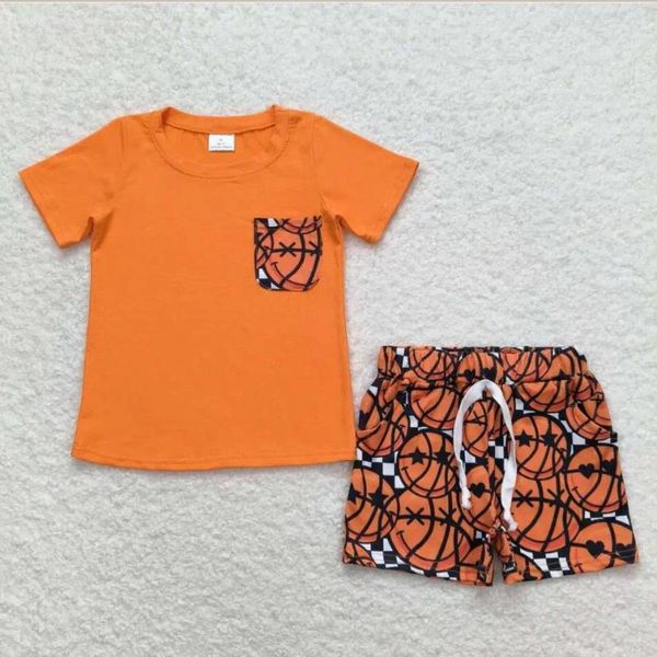 Ensembles de vêtements à manches courtes Orange Basketball Boys RTS RTS pour enfants vêtements de bébé boutique en gros en stock