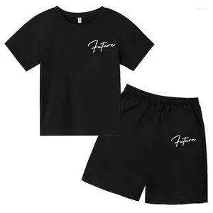 Kledingsets eenvoudige bedrukte kinderen zomer mode casual t-shirt pakken 2024-stijl letter patroon o-neck shorts 2-pieces set