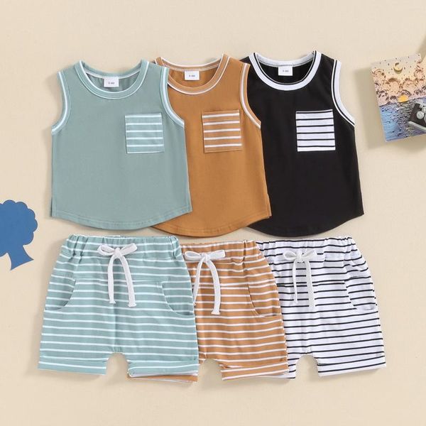 Ensembles de vêtements sans manches Summer Petit bébé garçons tenues Casual Pocket Tops Stripe Elastic Wison Shorts 2pcs Infant Clothes Set