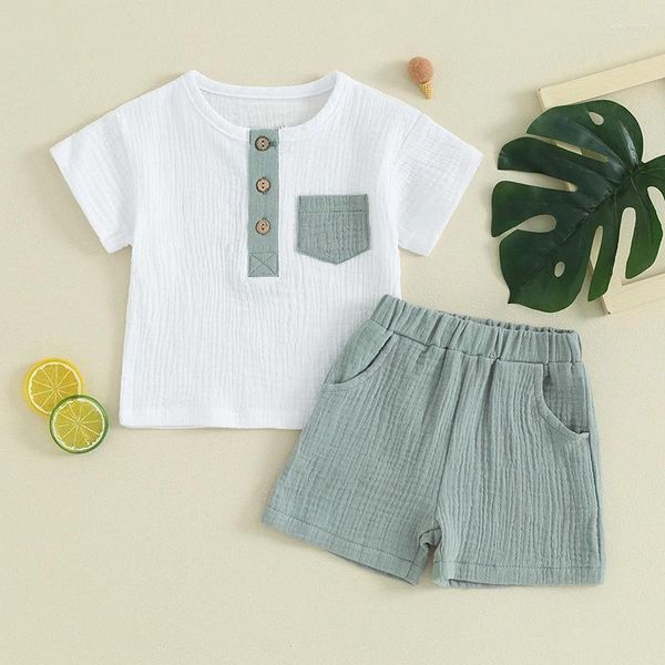 Conjuntos de ropa Algodón suave Casual Ropa de bebé de verano para niños pequeños Pantalones cortos Conjunto de manga corta Botón de bolsillo Camiseta 2 piezas Traje infantil