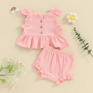 Vêtements d'été en coton doux pour bébés filles, ensemble de vêtements d'été, manches boutonnées, hauts à volants, shorts décontractés, tenues pour nourrissons